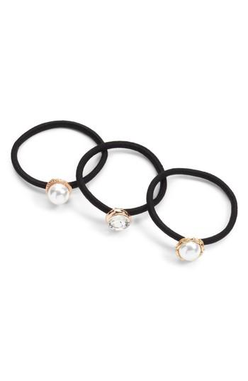 Cara Set Of 3 Crystal & Imitation Pearl Ponytail Holders, Size - Metallic