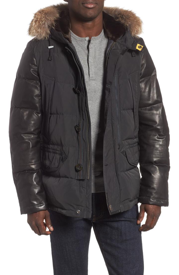 Men's Parajumpers Dhole Hooded Down Jacket With Genuine Coyote Fur Trim - Grey