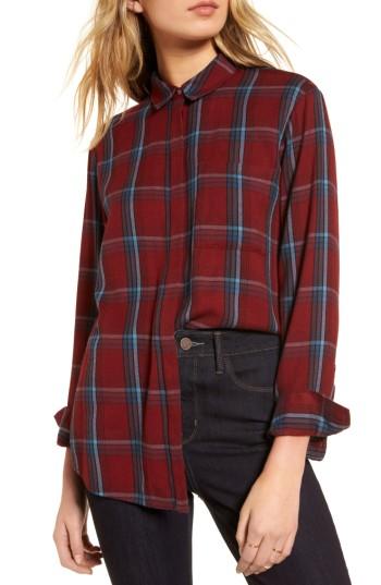 Women's Treasure & Bond Ruffle Plaid Boyfriend Shirt, Size - Red