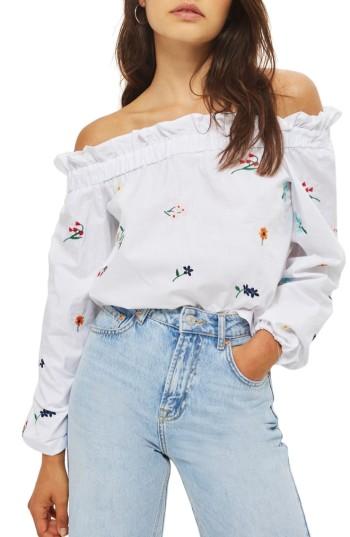 Women's Topshop Embroidered Poplin Off The Shoulder Top Us (fits Like 14) - White