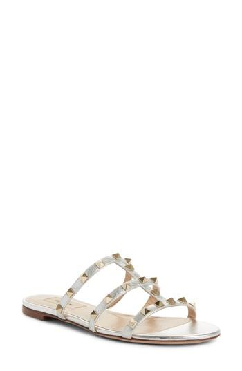 Women's Valentino Garavani Rockstud Cage Slide Sandal Us / 37eu - Metallic