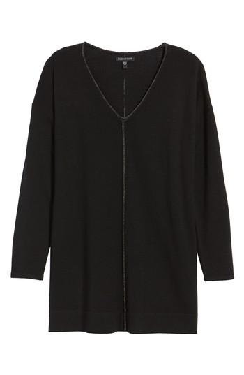 Women's Eileen Fisher Metallic Trim Merino Wool Blend Sweater, Size - Black