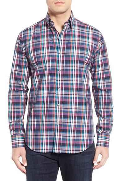 Men's Bugatchi Shaped Fit Plaid Sport Shirt - Purple