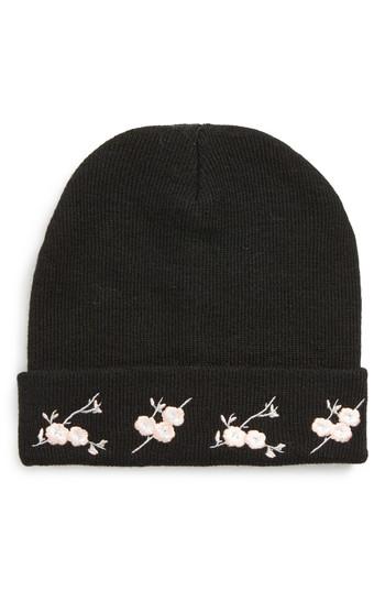 Women's Bp. Floral Embroidered Beanie - Black