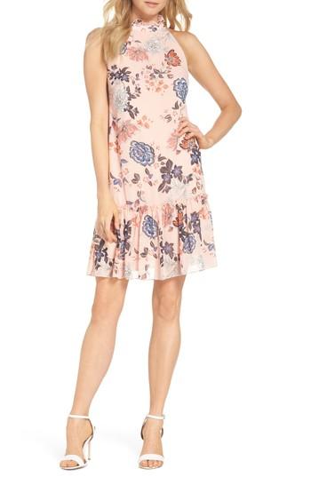 Women's Vince Camuto Floral Ruffle Neck Chiffon Shift Dress - Pink