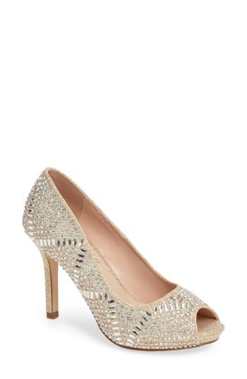 Women's Lauren Lorraine Paula Embellished Peep Toe Pump M - Beige
