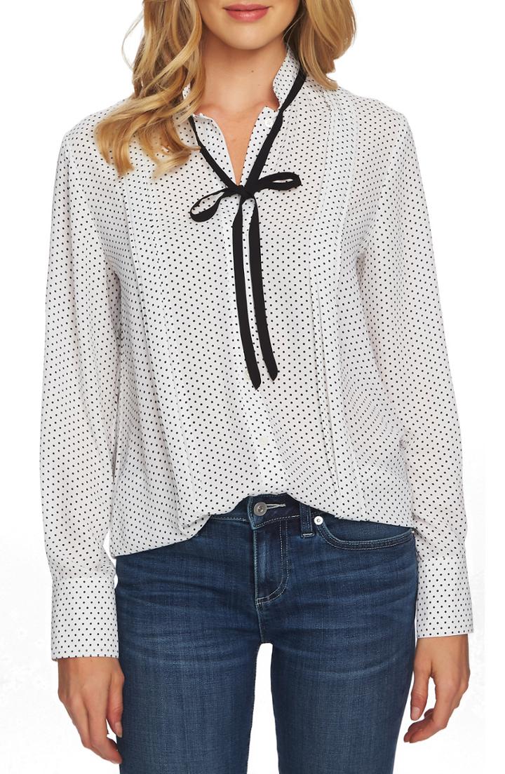 Women's Cece Refined Pin Dot Tie Neck Button-up Blouse, Size - Ivory