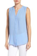 Petite Women's Nydj Print Pleat Back Sleeveless Split Neck Blouse, Size P - Blue