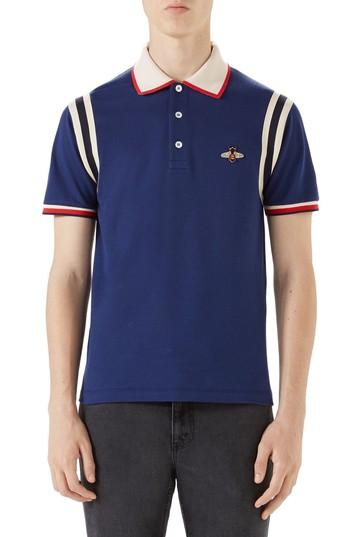 Men's Gucci Stripe Sleeve Bee Polo - Blue