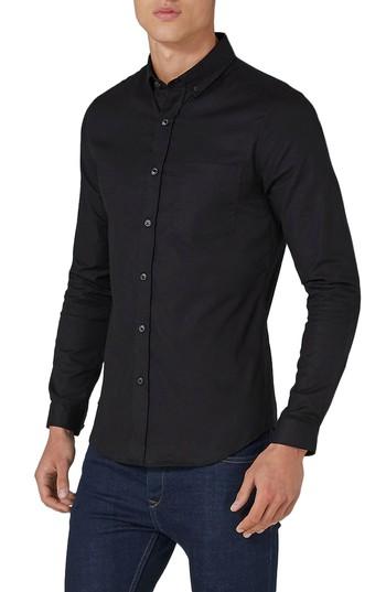 Men's Topman Muscle Fit Oxford Shirt, Size - Black
