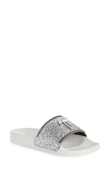Women's Giuseppe Zanotti Glitter Logo Slide Sandal M - Metallic