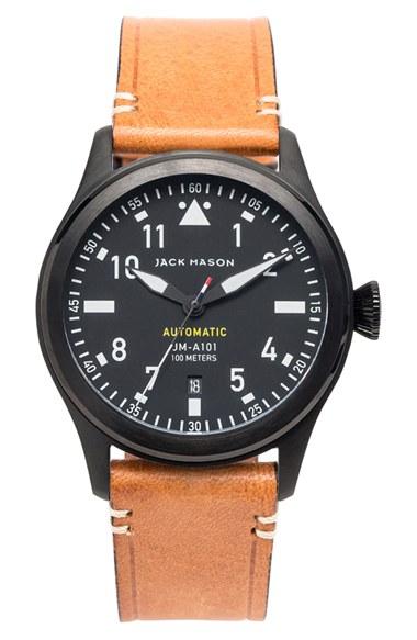 Men's Jack Mason Aviation Automatic Leather Strap Watch, 42mm