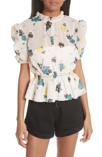 Women's Self-portrait Puff Sleeve Peplum Blouse - Pink