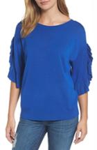 Petite Women's Halogen Ruffle Sleeve V-back Sweater P - Blue