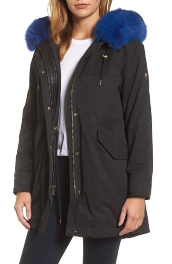 Women's 1 Madison Hooded Cotton Parka With Genuine Fox Fur Trim - Black