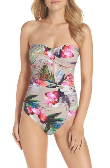 Women's La Blanca Jungle Bandeau Floral Print One-piece Swimsuit - Grey