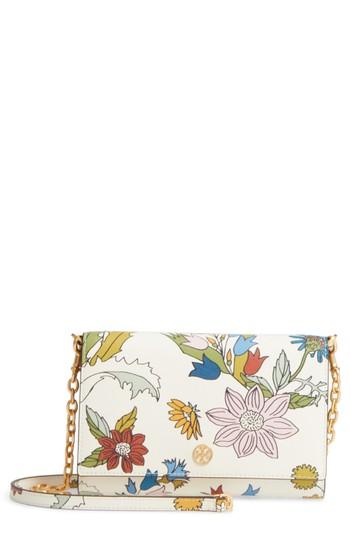 Women's Tory Burch Robinson Floral Leather Wallet On A Chain - White