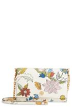 Women's Tory Burch Robinson Floral Leather Wallet On A Chain - White
