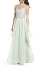 Women's Sequin Hearts Embroidered Halter Gown - Green