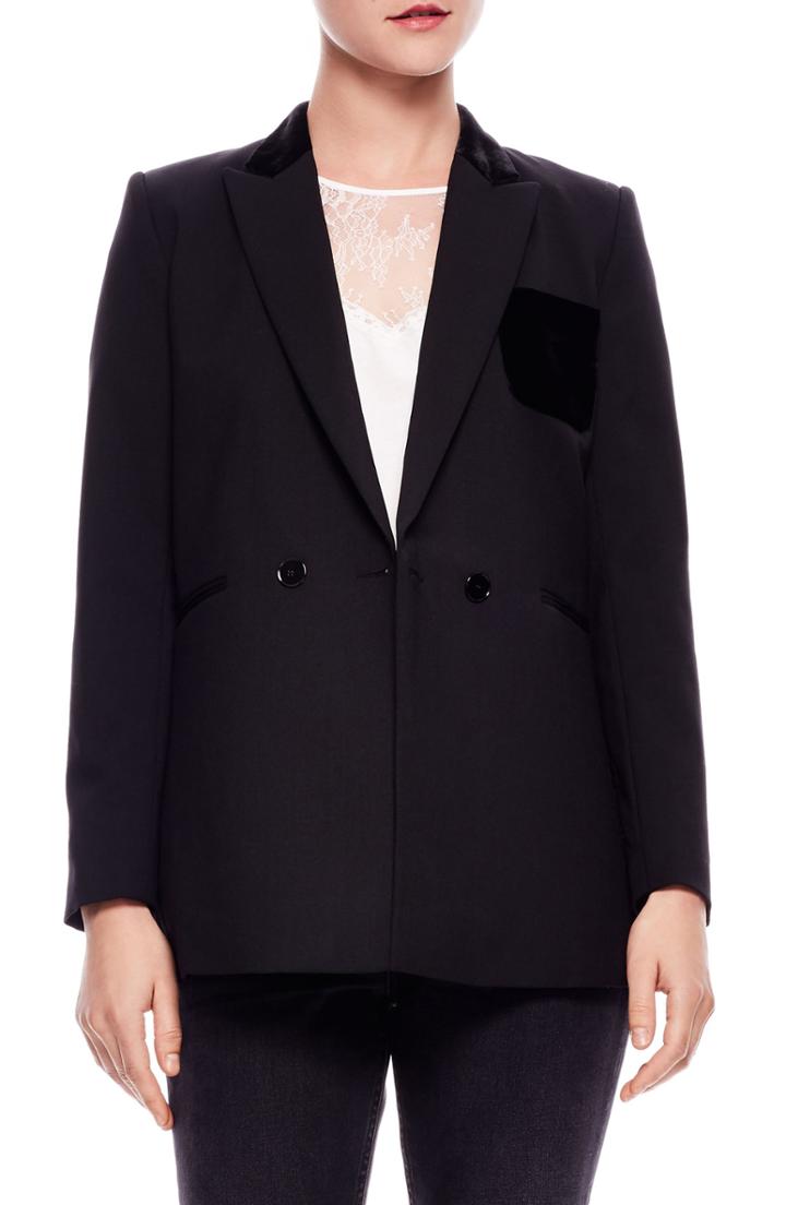 Women's Sandro Velvet Detail Blazer Us / 36 Fr - Black