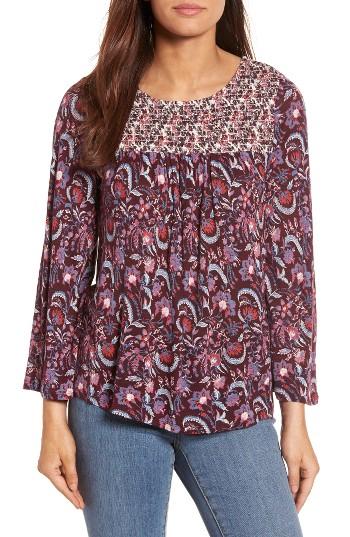 Women's Lucky Brand Mix Print Smocked Top - Burgundy