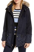 Women's Joules Mixed Texture Hooded Coat With Faux Fur Trim - Blue