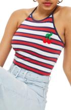 Women's Topshop Cherry Embroidered Stripe Halter Top Us (fits Like 14) - Blue