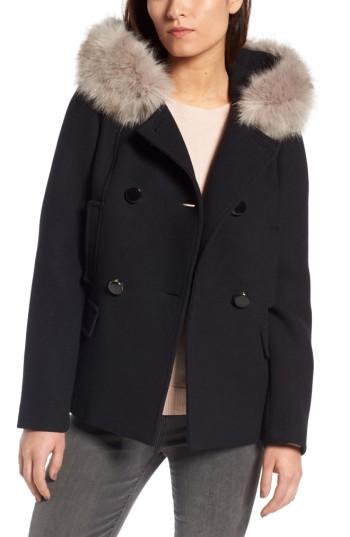 Women's Kate Spade New York Faux Fur Trim Hooded Peacoat - Black