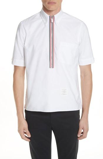Men's Thom Browne Zip Pullover Woven Shirt - White