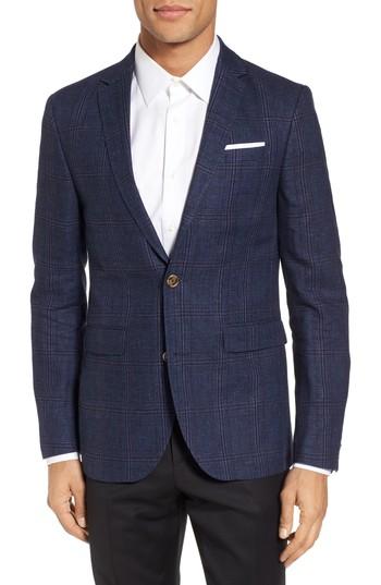 Men's Sand Trim Fit Plaid Linen & Wool Sport Coat R Eu - Blue