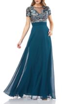 Women's Js Collections Short Sleeve Embroidered Bodice Evening Dress - Green