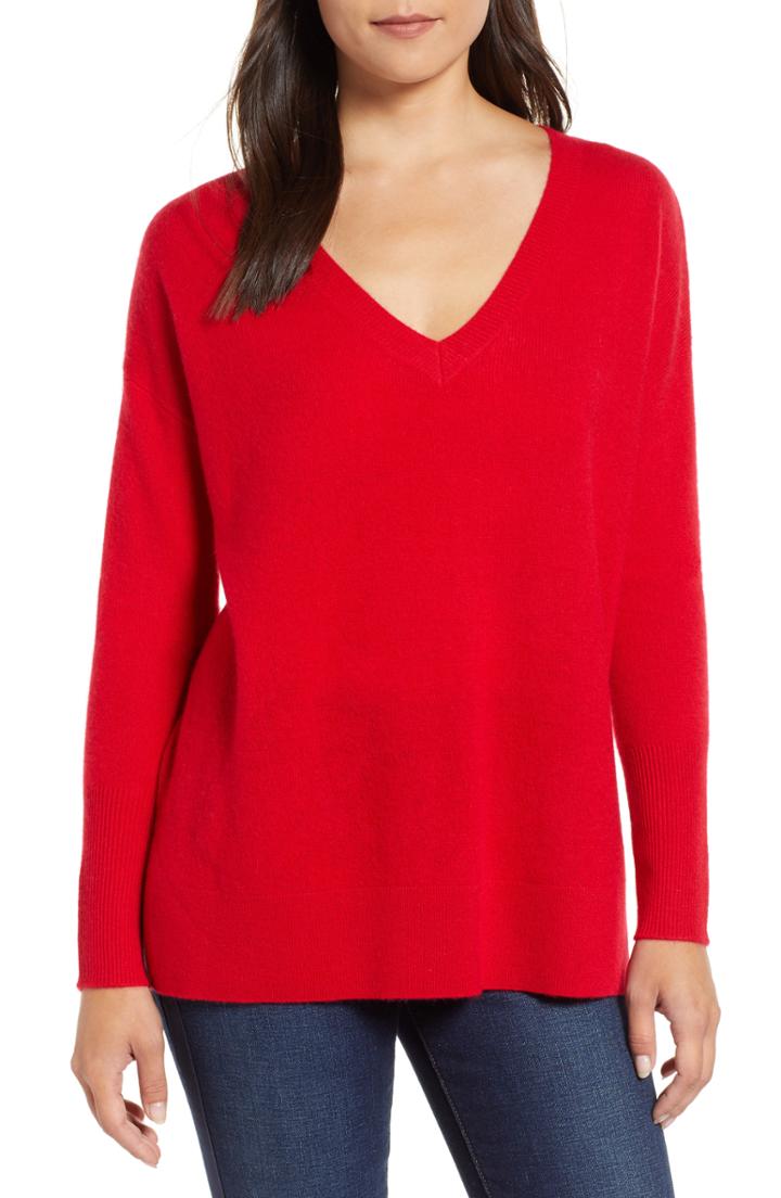 Women's Halogen Relaxed V-neck Cashmere Sweater, Size - Red
