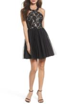 Women's Sequin Hearts Lace Halter Neck Dress - Black