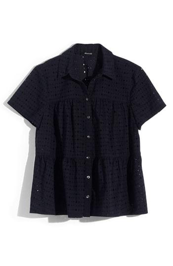 Women's Madewell Eyelet Seamed Button Down Shirt - Blue