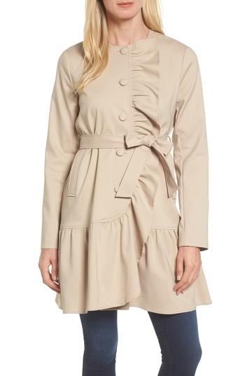 Women's Halogen Ruffle Detail Trench Coat - Brown
