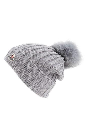 Women's Moncler Genuine Fox Fur Pom Ribbed Wool Beanie - Grey