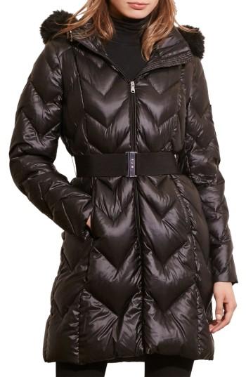 Women's Lauren Ralph Lauren Belted Down Coat With Faux Fur Trim - Black