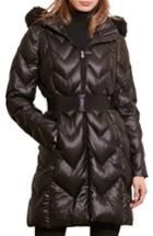 Women's Lauren Ralph Lauren Belted Down Coat With Faux Fur Trim - Black