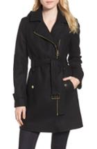 Women's Michael Michael Kors Belted Wool Blend Coat With Detachable Hood - Black