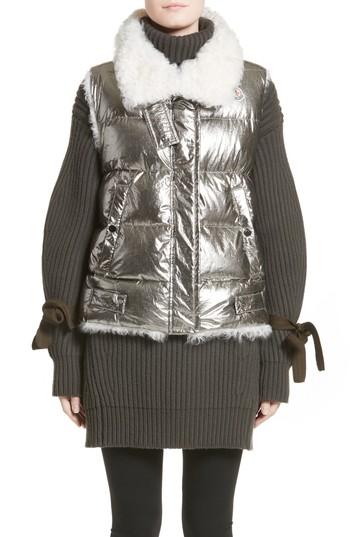 Women's Moncler Kerria Metallic Down Vest With Genuine Shearling Trim