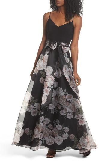 Women's Eliza J Knit & Print Organza Ballgown - Black