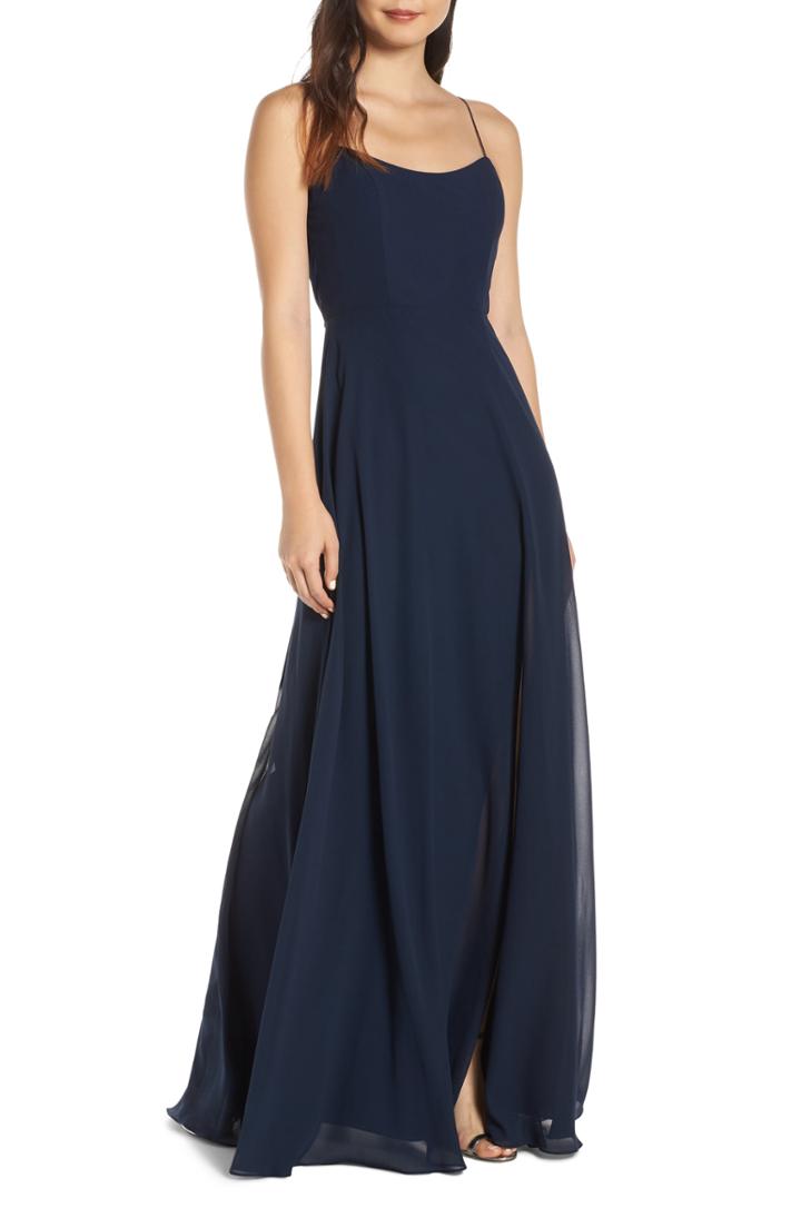 Women's Jenny Yoo Kiara Bow Back Chiffon Evening Dress - Blue