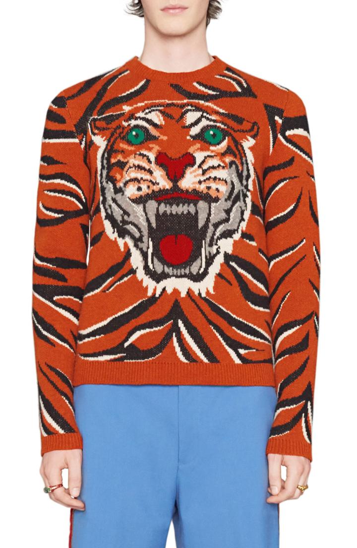 Men's Gucci Tiger Print Wool Crewneck Sweater