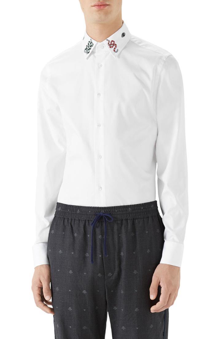 Men's Gucci Embroidered Collar Emblem Sport Shirt .5 - White