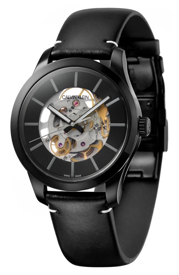 Men's Calvin Klein Swing Skeleton Automatic Leather Strap Watch, 41mm