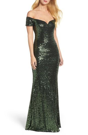 Women's Badgley Mischka Off The Shoulder Sequin Gown - Green