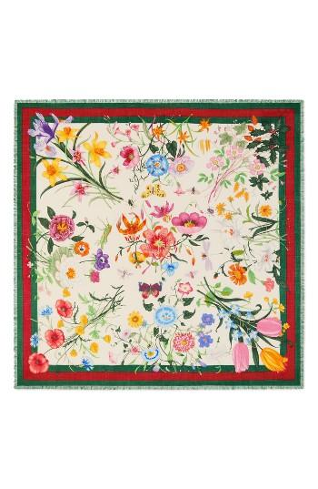 Women's Gucci Flora Web Print Wool & Silk Scarf, Size - Green