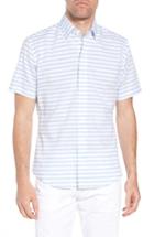 Men's Ledbury Gunnin Stripe Classic Fit Cotton & Linen Sport Shirt - Blue