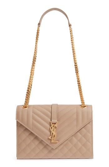 Saint Laurent Medium Cassandre Calfskin Shoulder Bag - Beige