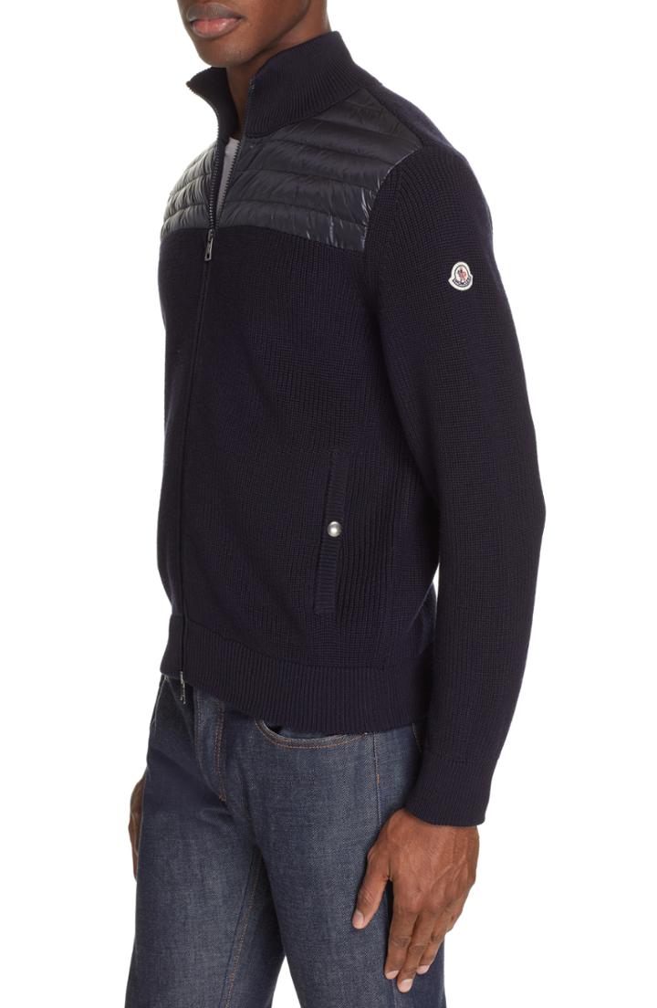 Men's Moncler Maglione Knit Jacket With Quilted Yoke - Blue